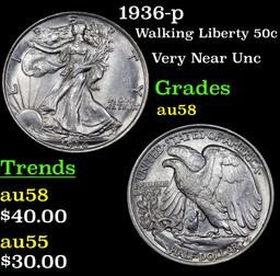 1936-p Walking Liberty Half Dollar 50c Grades Choice AU/BU Slider