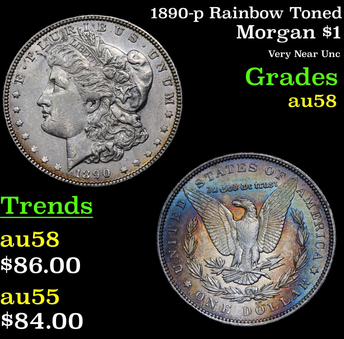 1890-p Rainbow Toned Morgan Dollar $1 Grades Choice AU/BU Slider