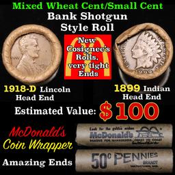 Mixed small cents 1c orig shotgun roll, 1918-d Wheat Cent, 1899 Indian Cent other end