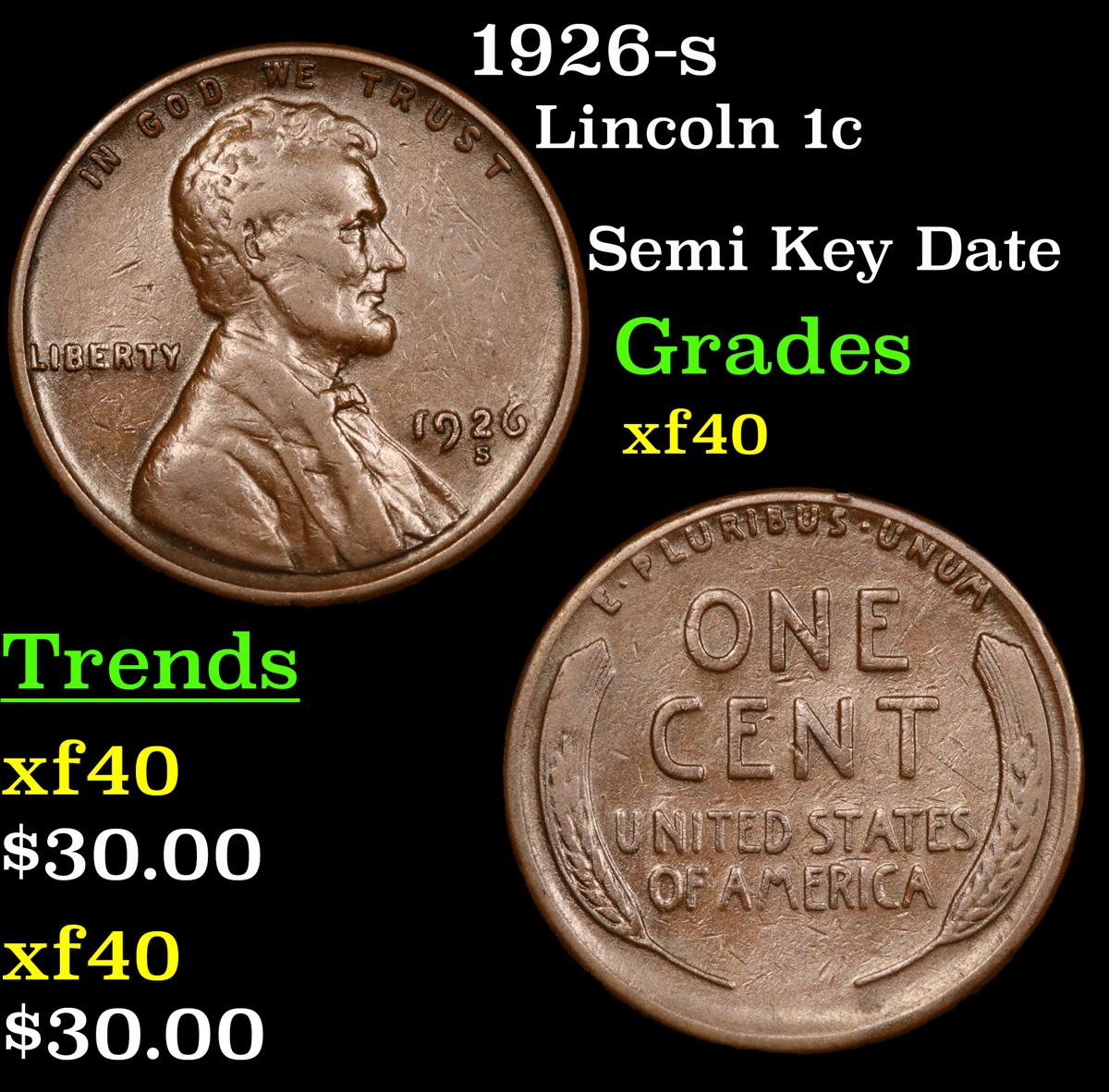 1926-s Lincoln Cent 1c Grades xf