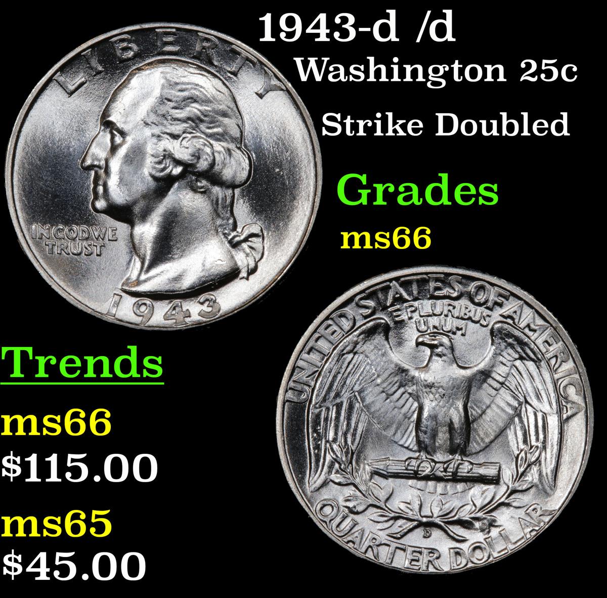 1943-d /d Washington Quarter 25c Grades GEM+ Unc