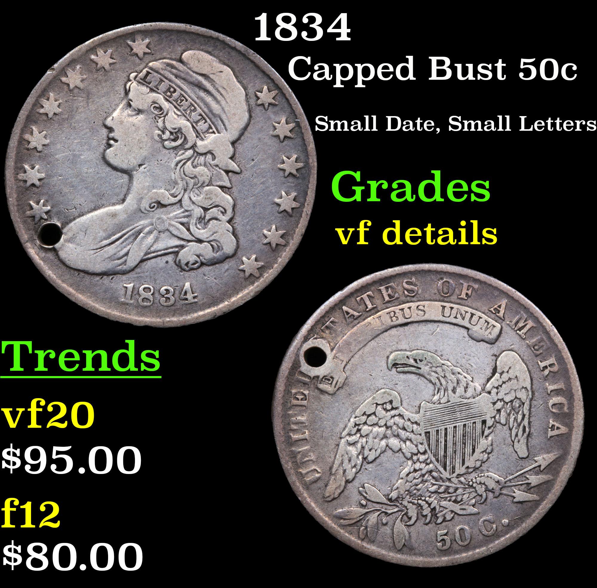 1834 Capped Bust Half Dollar 50c Grades vf details