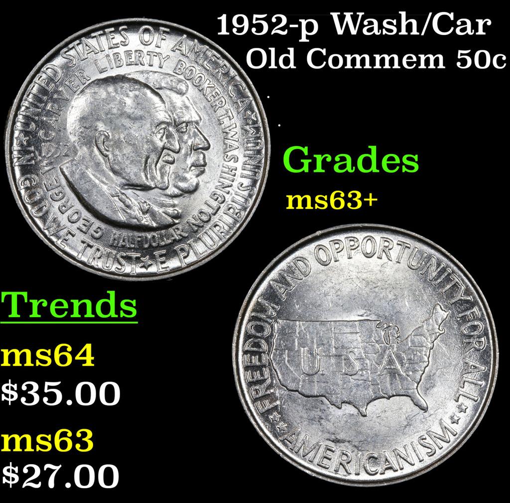 1952-p Wash/Car Old Commem Half Dollar 50c Grades Select+ Unc