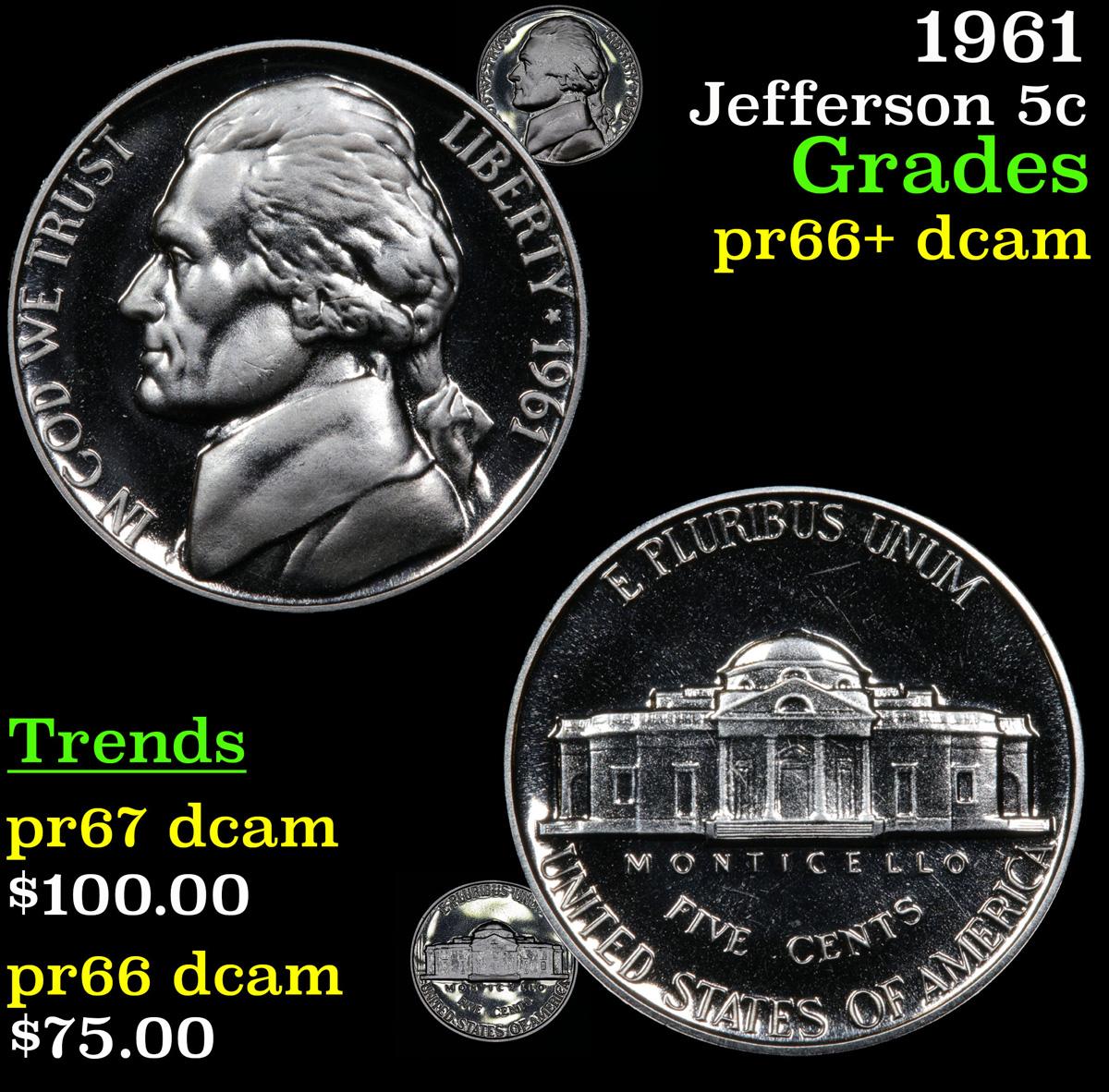 1961 Jefferson Nickel 5c Grades GEM++ Proof Deep Cameo