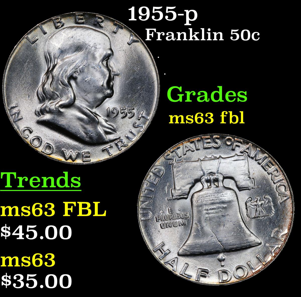 1955-p Franklin Half Dollar 50c Grades Select Unc FBL