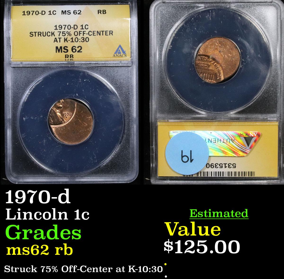 ANACS 1970-d Lincoln Cent 1c Graded ms62 rb By ANACS