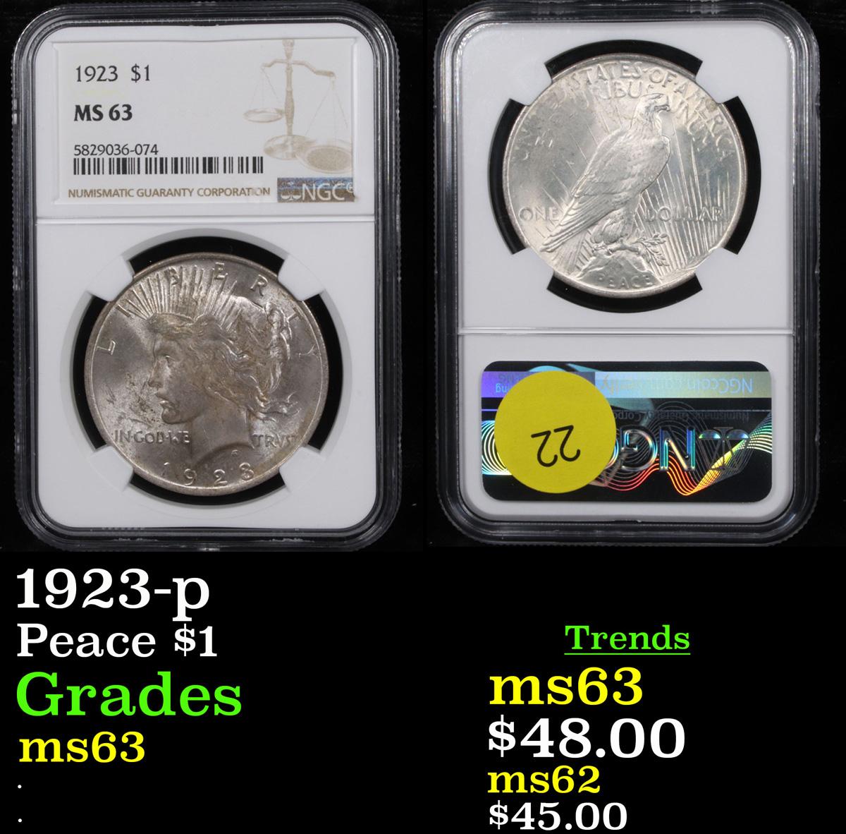 NGC 1923-p Peace Dollar $1 Graded ms63 By NGC