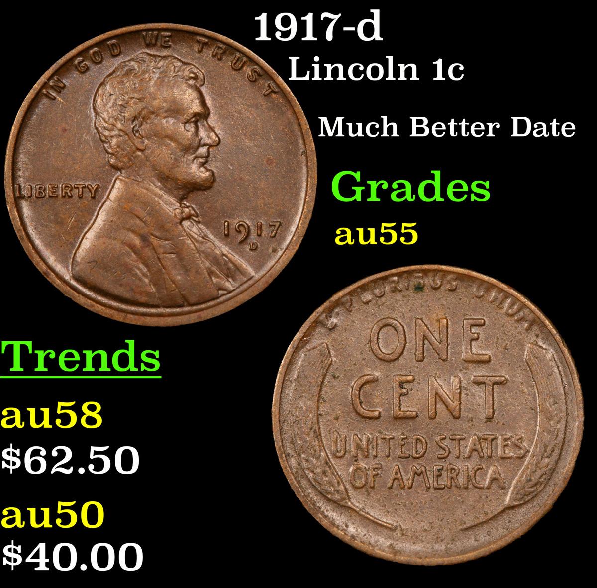 1917-d Lincoln Cent 1c Grades Choice AU