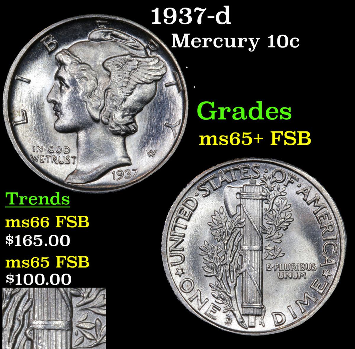 1937-d Mercury Dime 10c Grades GEM+ FSB