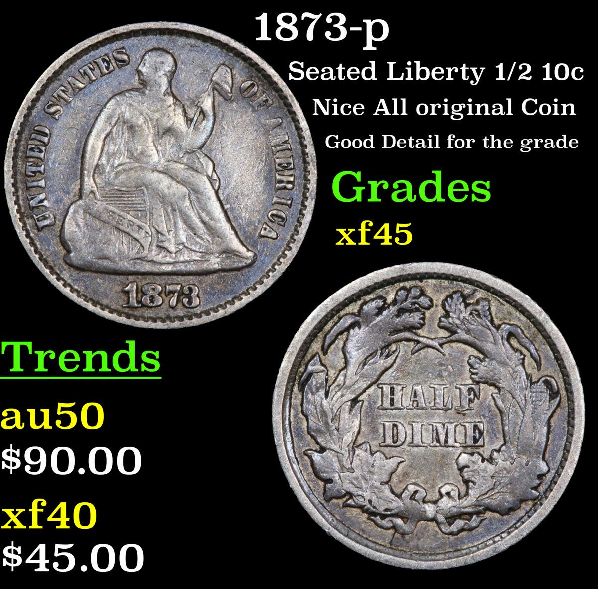 1873-p Seated Liberty Half Dime 1/2 10c Grades xf+