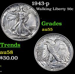 1943-p Walking Liberty Half Dollar 50c Grades Choice AU