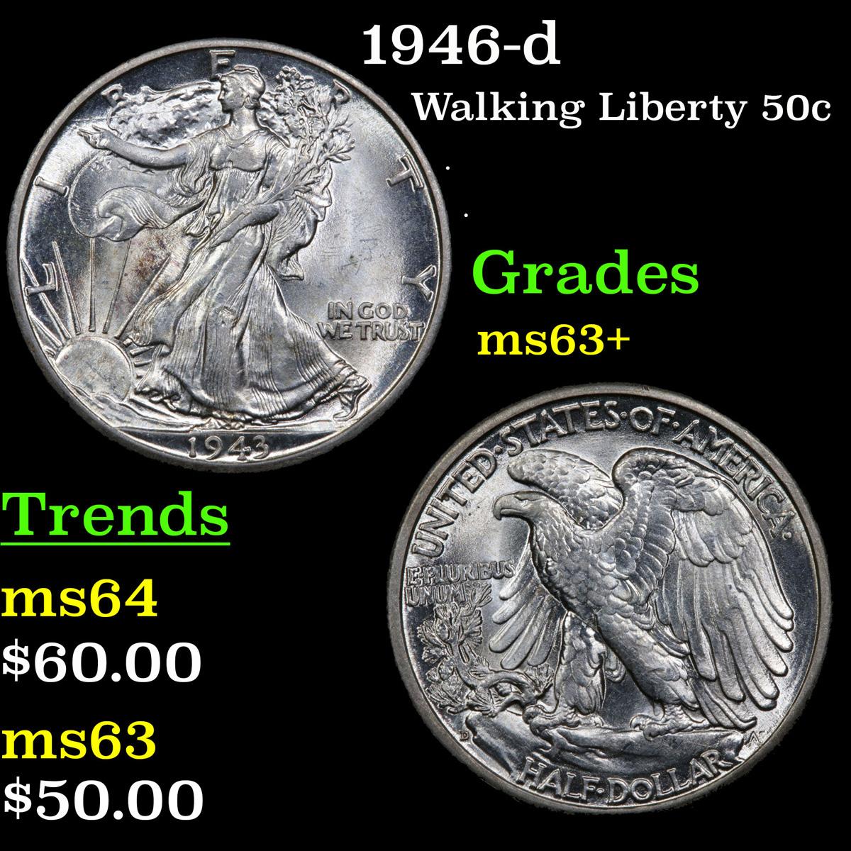 1946-d Walking Liberty Half Dollar 50c Grades Select+ Unc