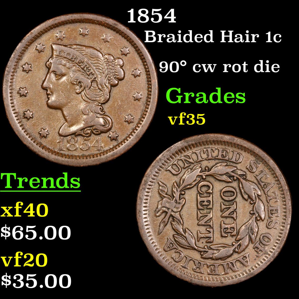 1854 Braided Hair Large Cent 1c Grades vf++