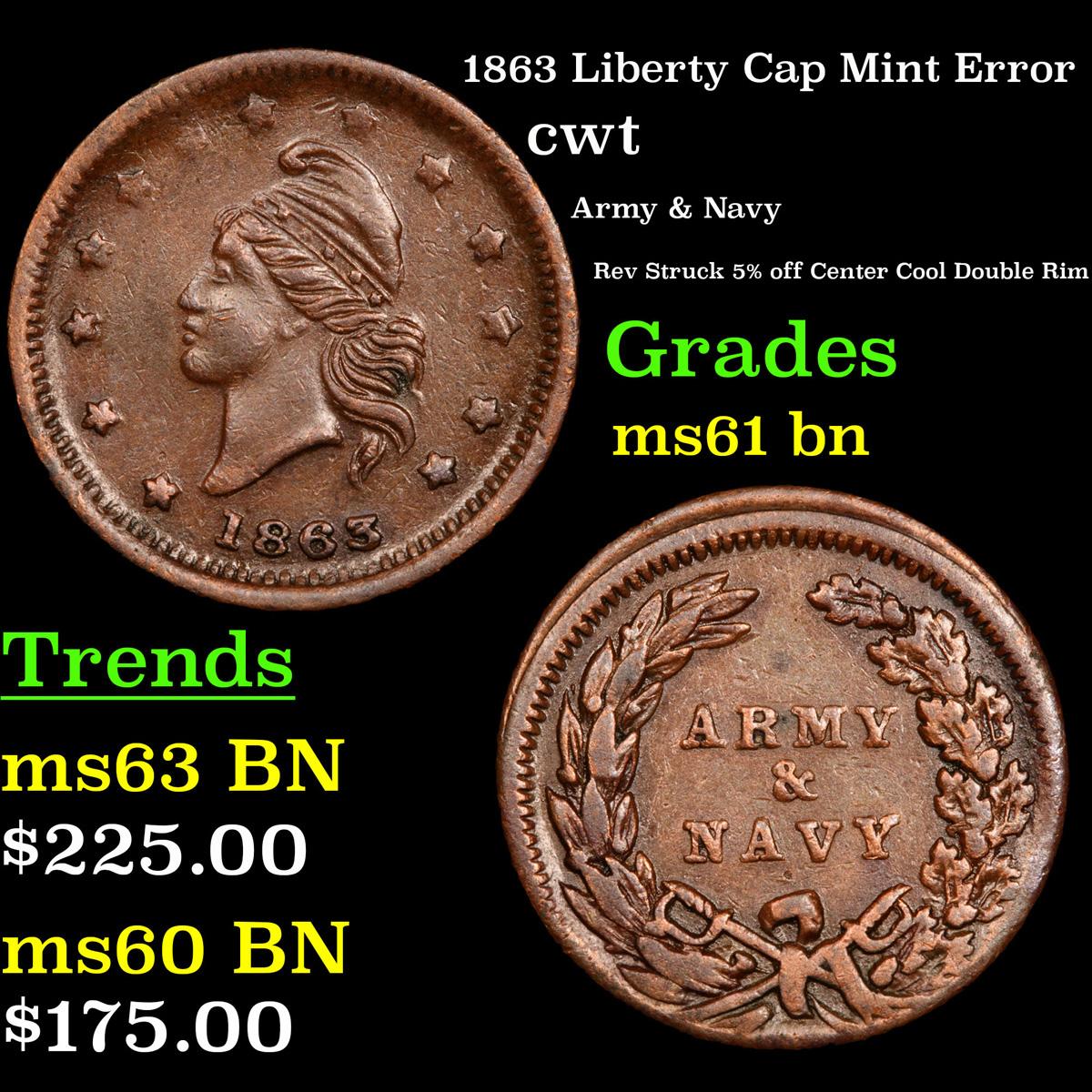 1863 Liberty Cap Mint Error Civil War Token 1c Grades Unc+ BN