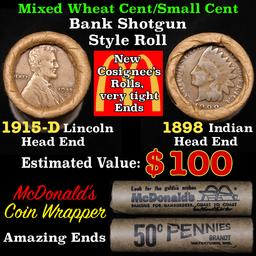 Mixed small cents 1c orig shotgun roll, 1915-d Wheat Cent, 1898 Indian Cent other end,McDnalds Wrapp