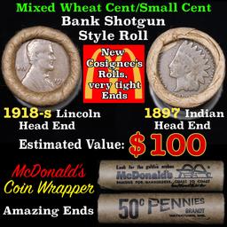 Mixed small cents 1c orig shotgun roll, 1918-s Wheat Cent, 1897 Indian Cent other end,McDnalds Wrapp