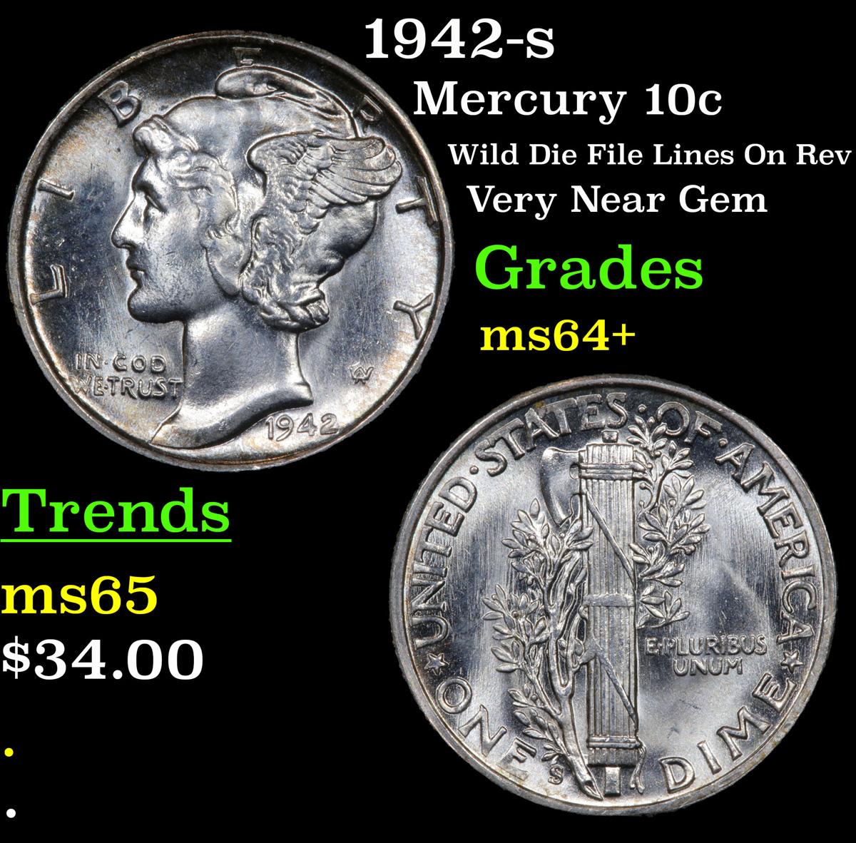 1942-s Mercury Dime 10c Grades Choice+ Unc