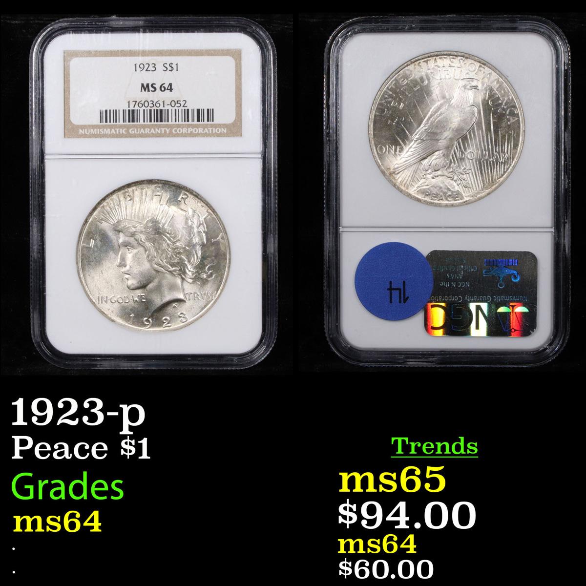 NGC 1923-p Peace Dollar $1 Graded ms64 By NGC