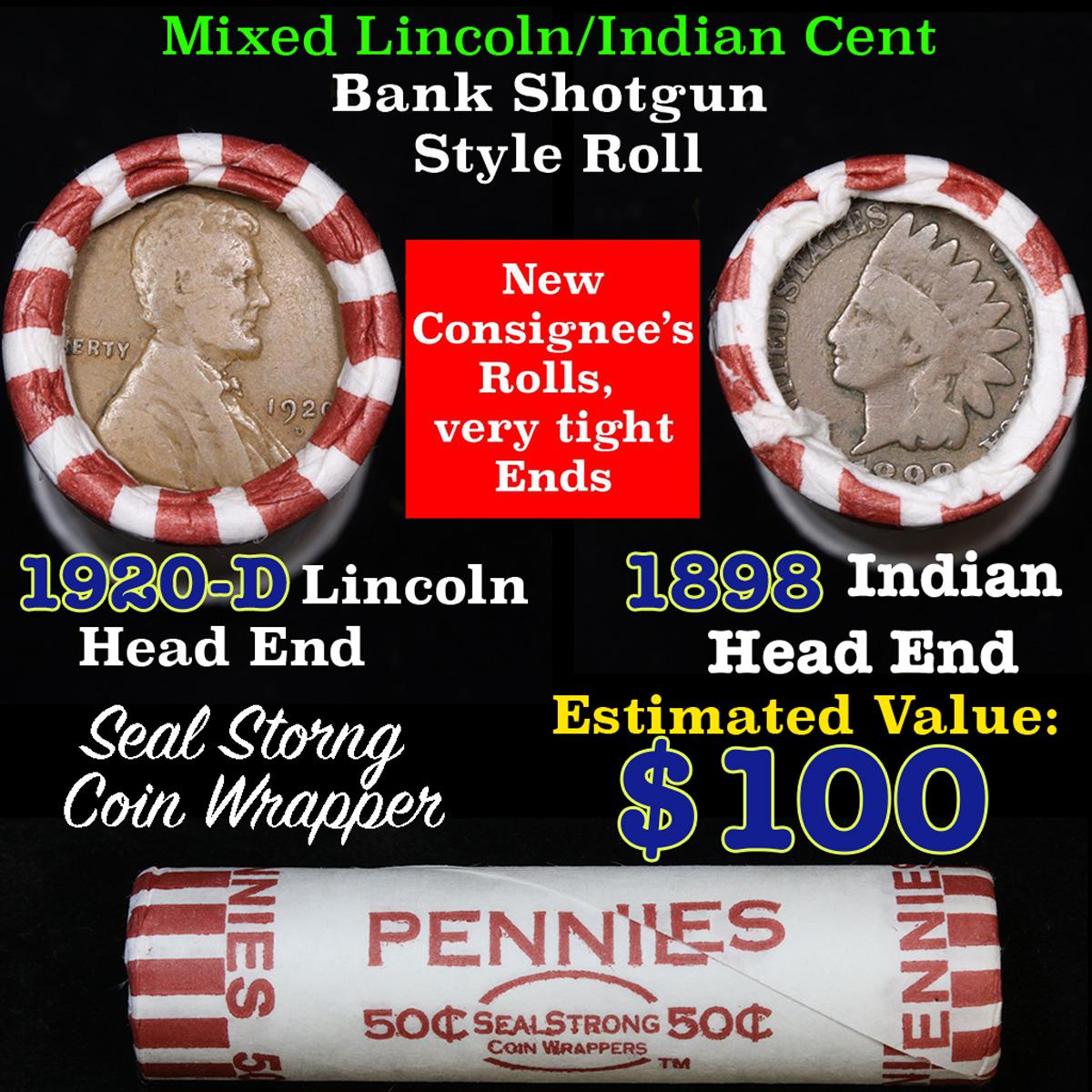 Mixed small cents 1c orig shotgun roll, 1920-d Wheat Cent, 1898 Indian Cent other end, N.F. String &