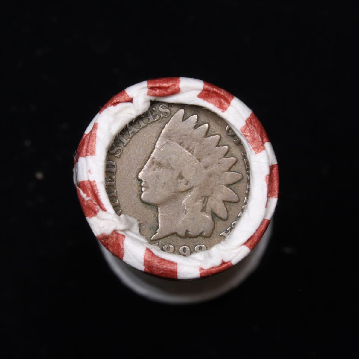 Mixed small cents 1c orig shotgun roll, 1920-d Wheat Cent, 1898 Indian Cent other end, N.F. String &