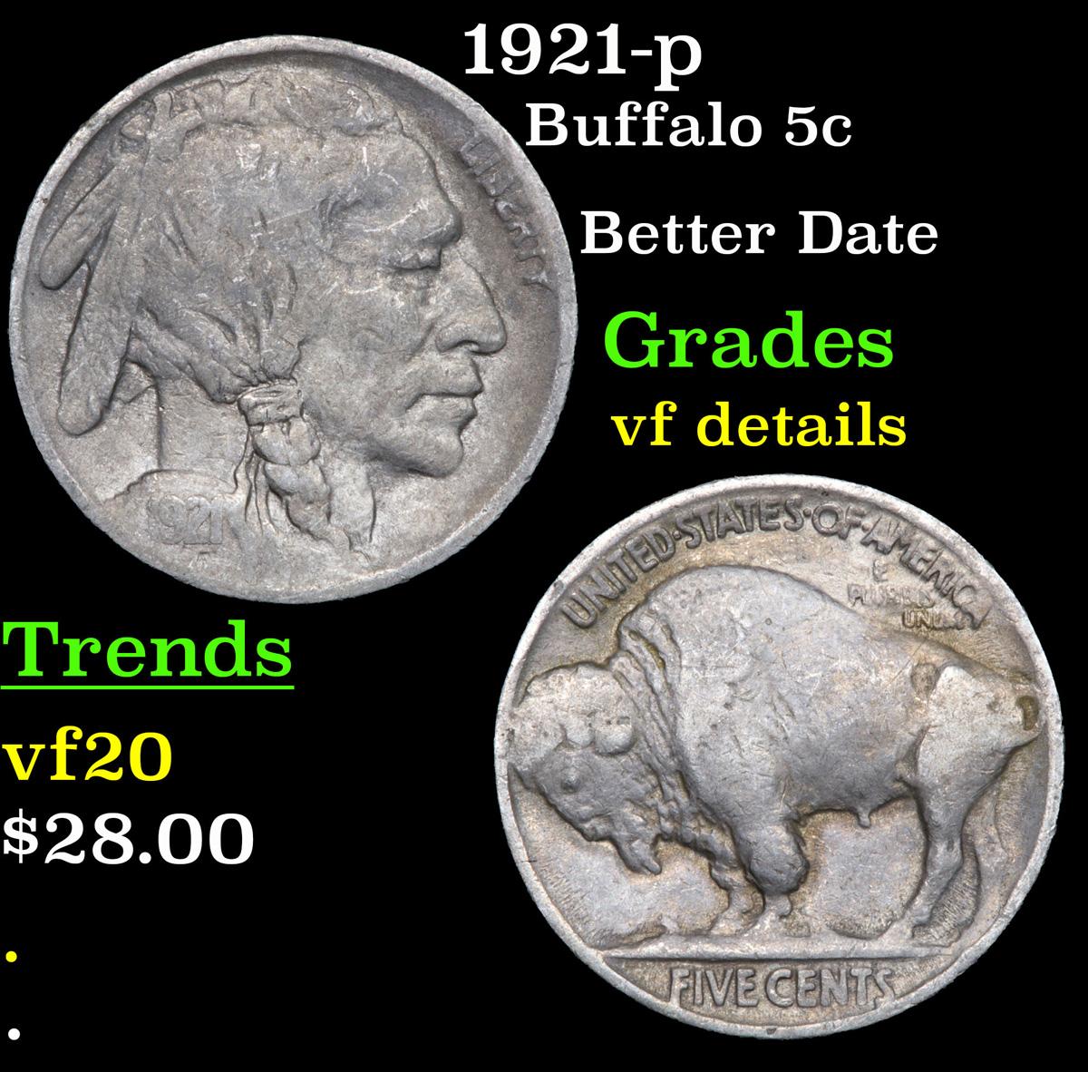 1921-p Buffalo Nickel 5c Grades vf details