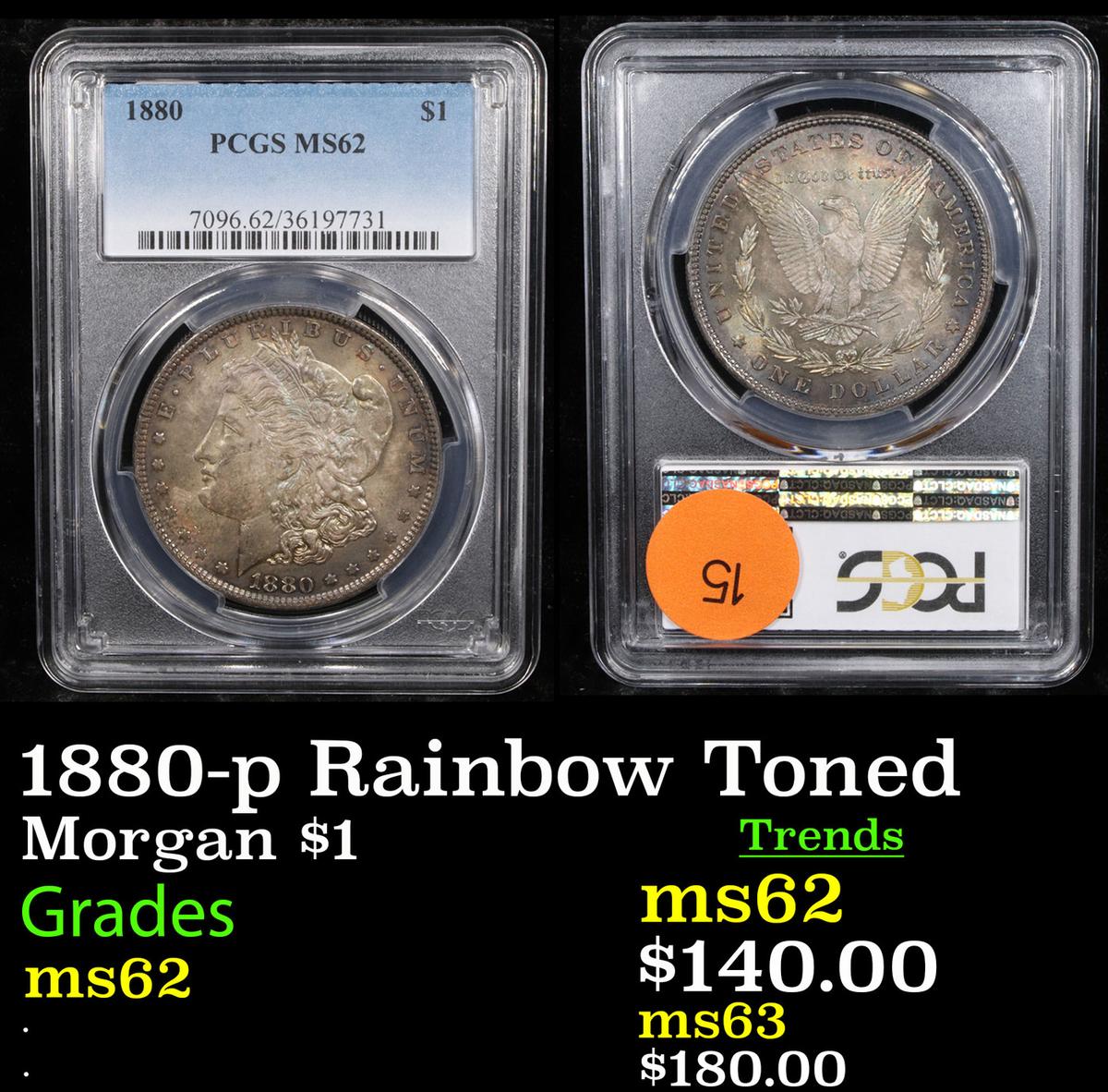PCGS 1880-p Rainbow Toned Morgan Dollar $1 Graded ms62 By PCGS