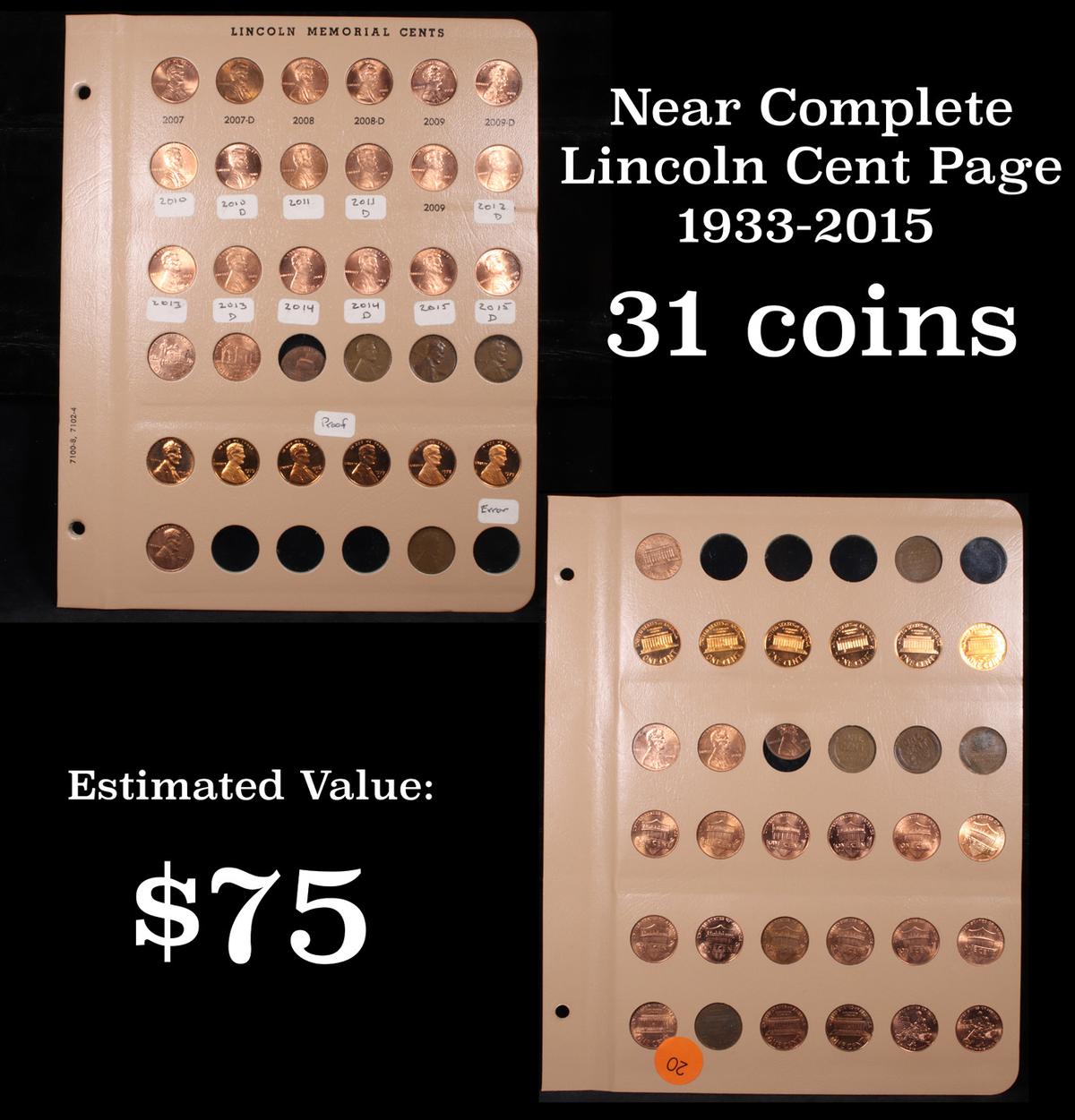 Near Complete Lincoln cent page 1933-2015 31 coins