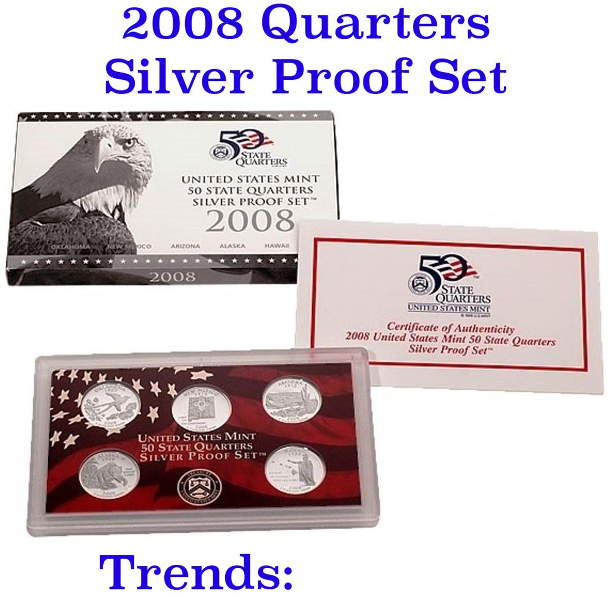 2008 United States Quarters Silver Proof Set - 5 pc set  Low mintage Grades
