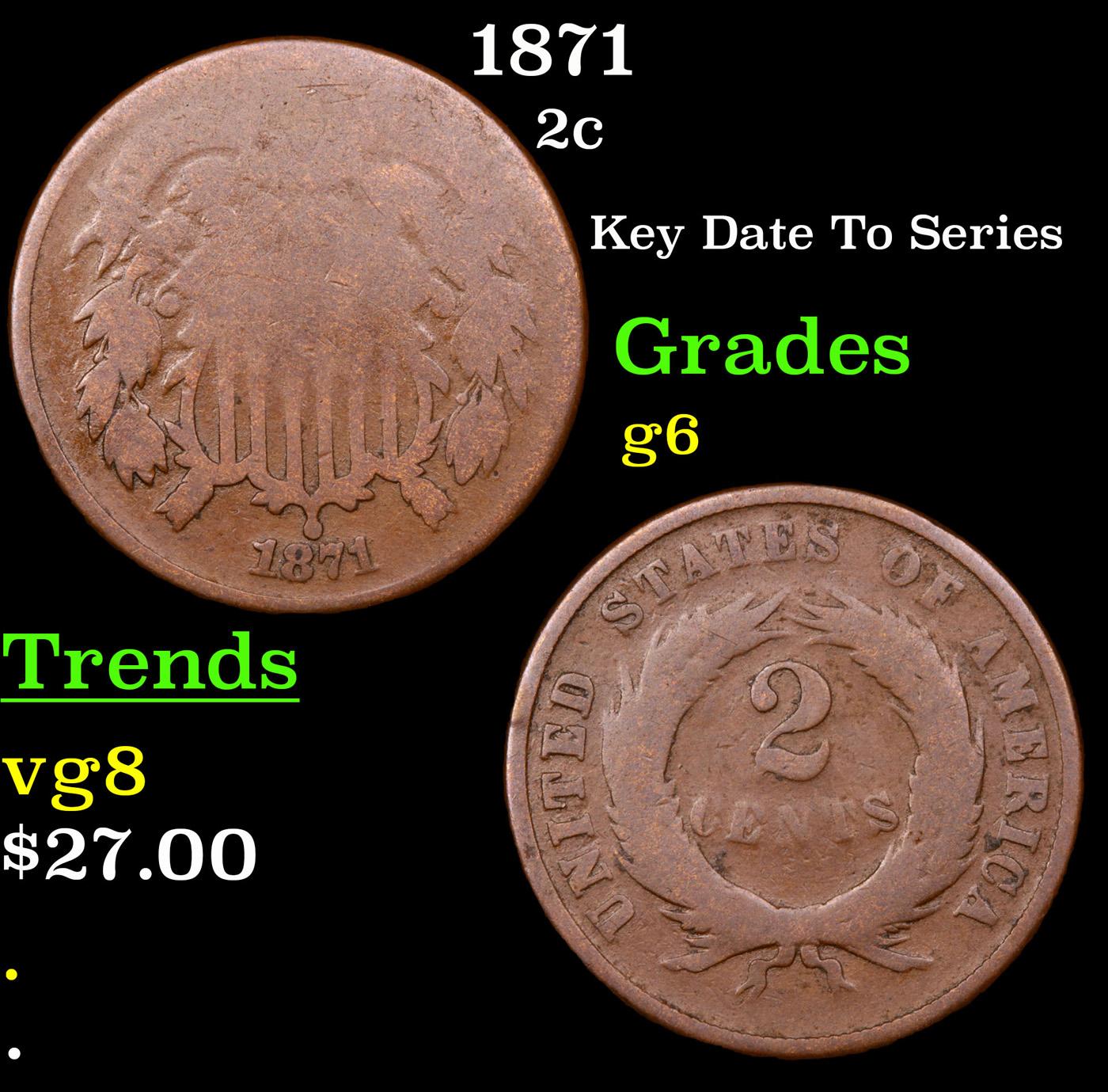 1871 Two Cent Piece 2c Grades g+