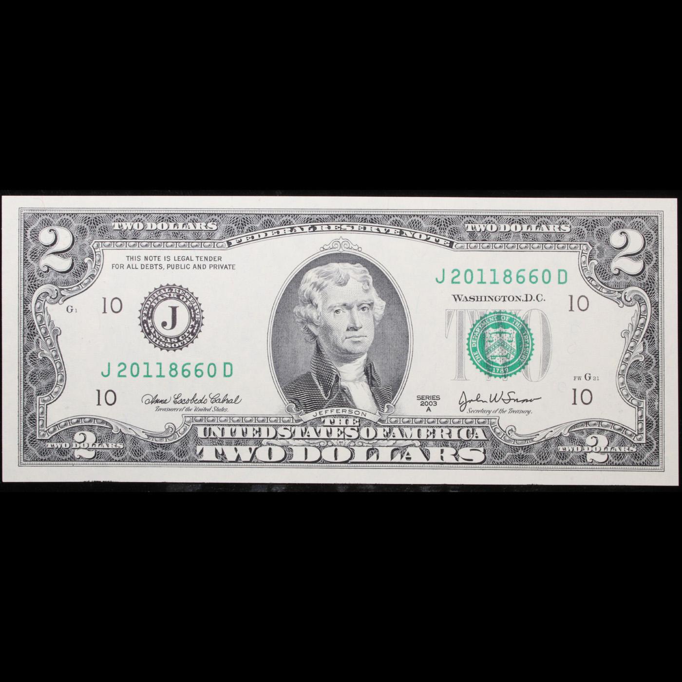 2003A $2 Green Seal Missouri Green Seal Federal Reserve Note (FRN) Grades Gem++ CU