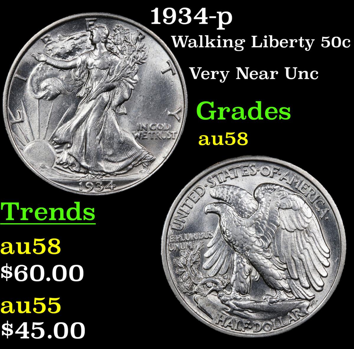 1934-p Walking Liberty Half Dollar 50c Grades Choice AU/BU Slider