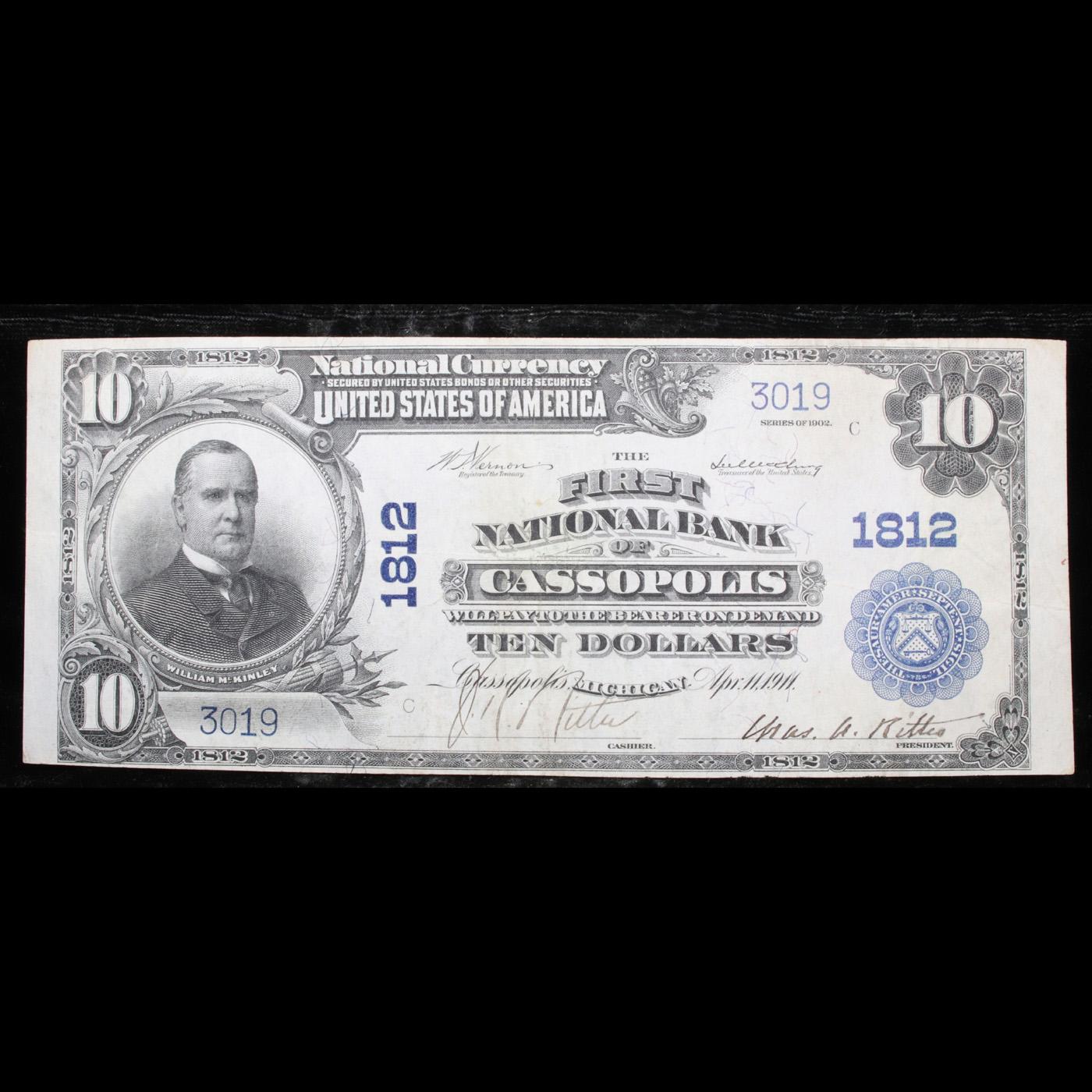 ***Auction Highlight*** 1902 $10 National Currency Large Size 'Cassopolis' Plain Back Charter #1812