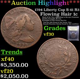 ***Auction Highlight*** 1794 Liberty Cap S-41 R3 Flowing Hair large cent 1c Graded vf++ BY USCG (fc)