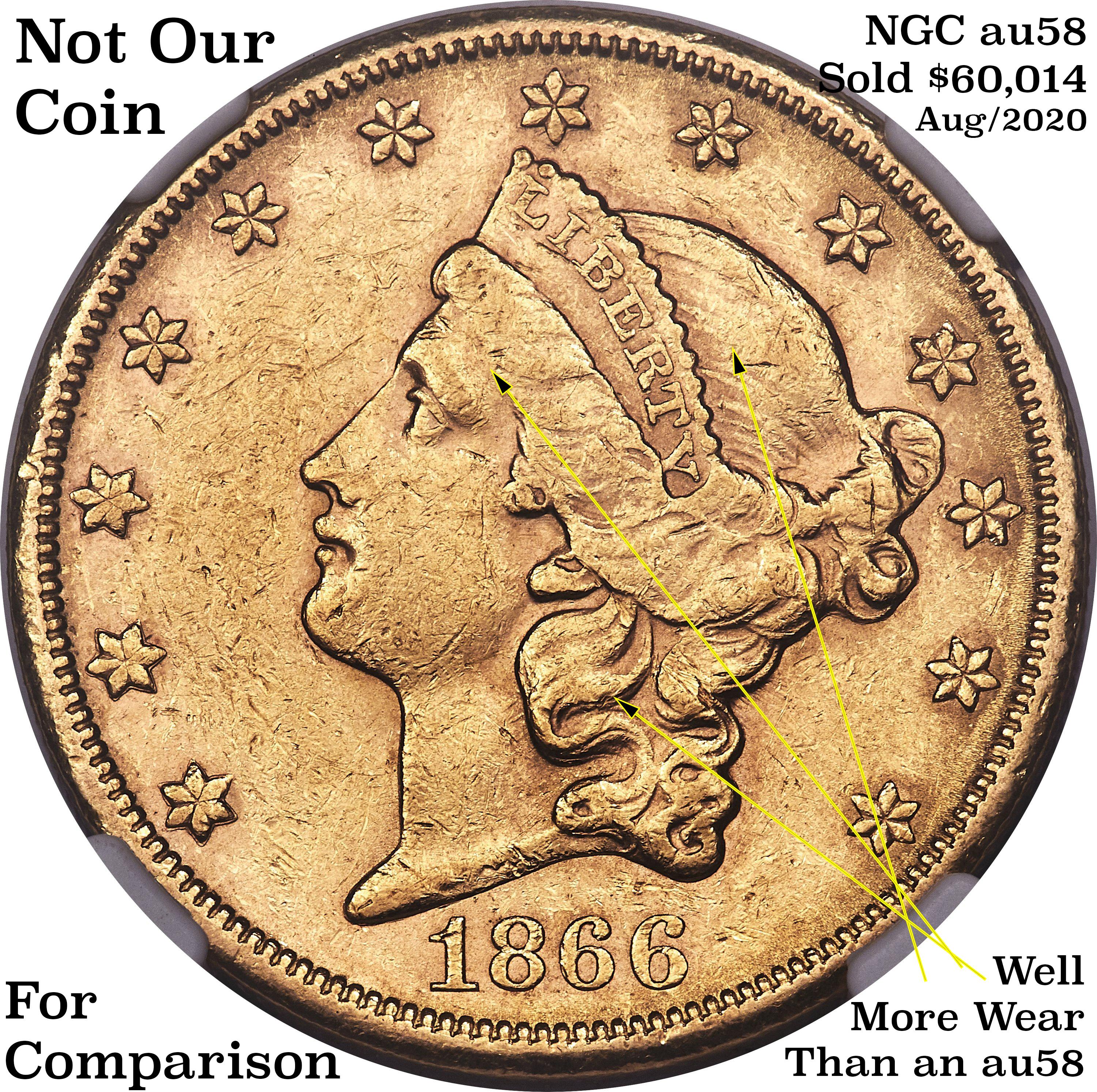 *Highlight OF ENTIRE AUCTION SERIES* 1866-s No Motto Gold Liberty $20 Choice AU/BU Slider+ By USCG (