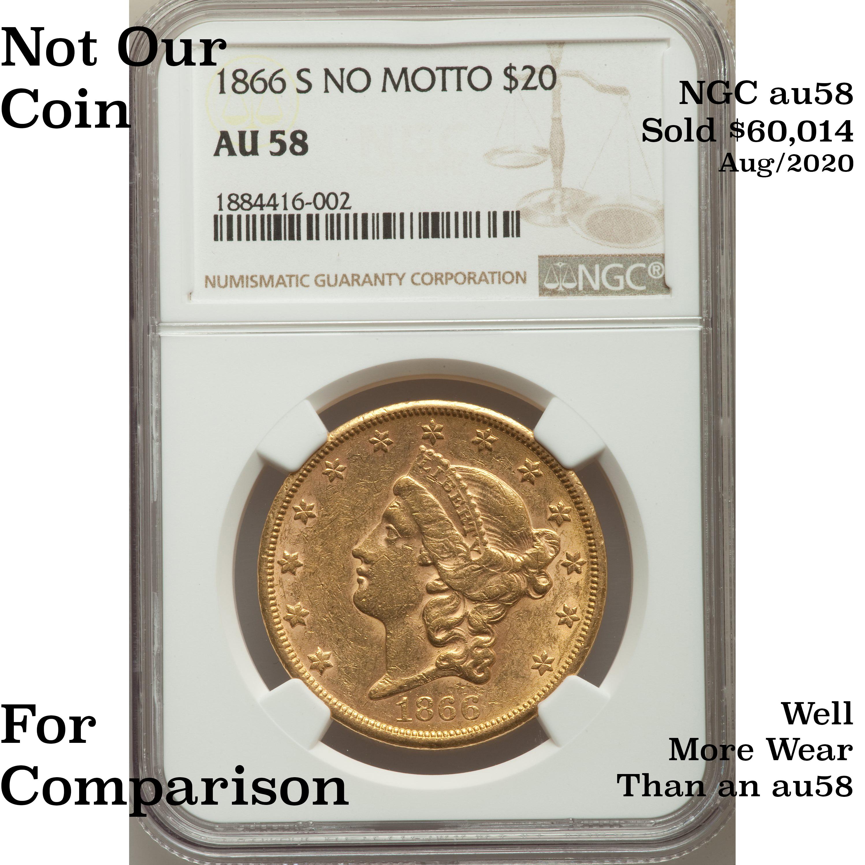 *Highlight OF ENTIRE AUCTION SERIES* 1866-s No Motto Gold Liberty $20 Choice AU/BU Slider+ By USCG (