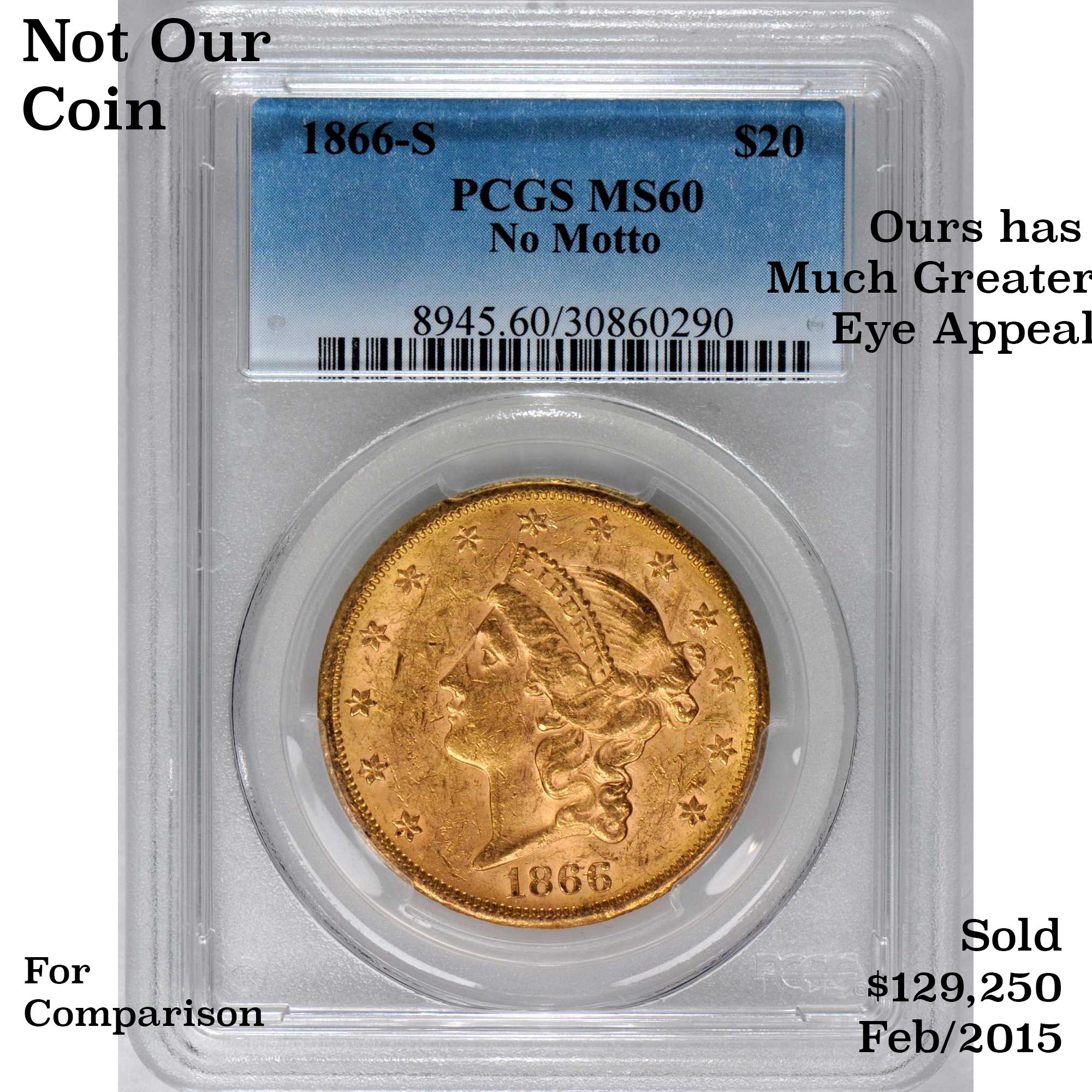 *Highlight OF ENTIRE AUCTION SERIES* 1866-s No Motto Gold Liberty $20 Choice AU/BU Slider+ By USCG (
