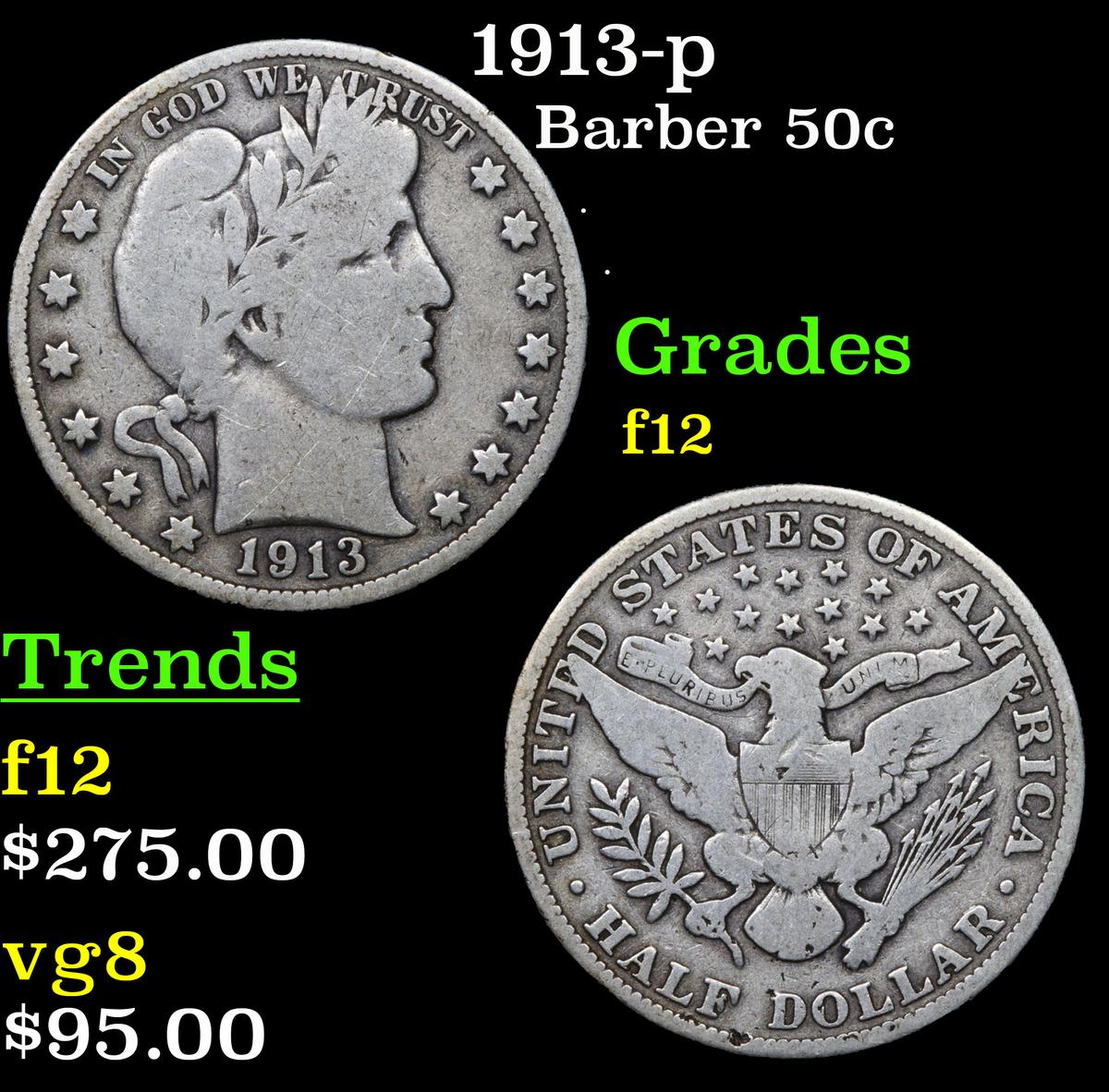 1913-p Barber Half Dollars 50c Grades f, fine