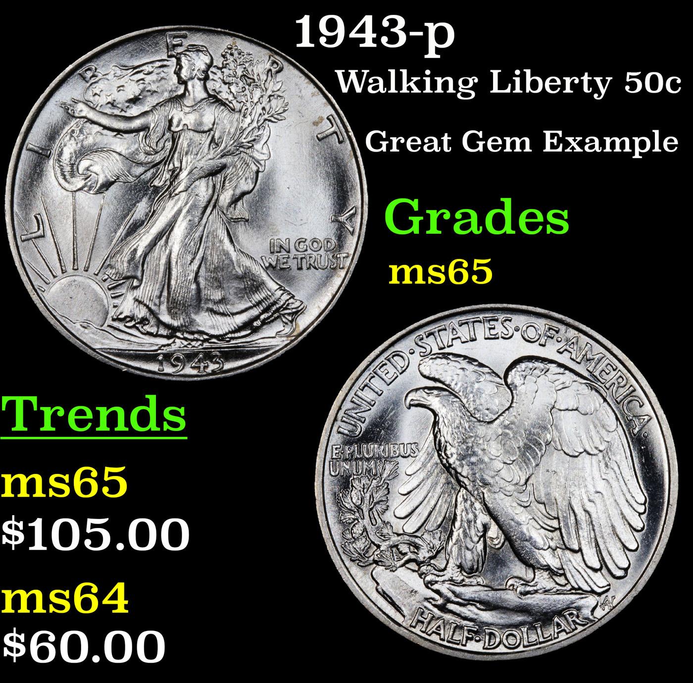 1943-p Walking Liberty Half Dollar 50c Grades GEM Unc