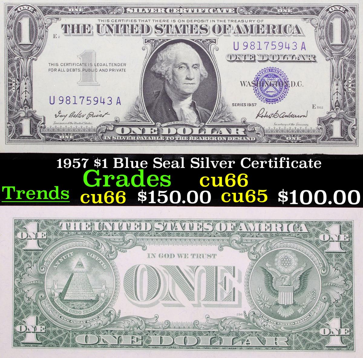 1957 $1 Blue Seal Silver Certificate Grades Gem+ CU