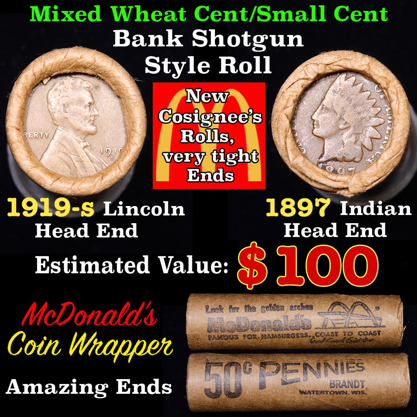 Mixed small cents 1c orig shotgun roll, 1919-s Wheat Cent, 1897 Indian Cent other end, McDonalds Wra