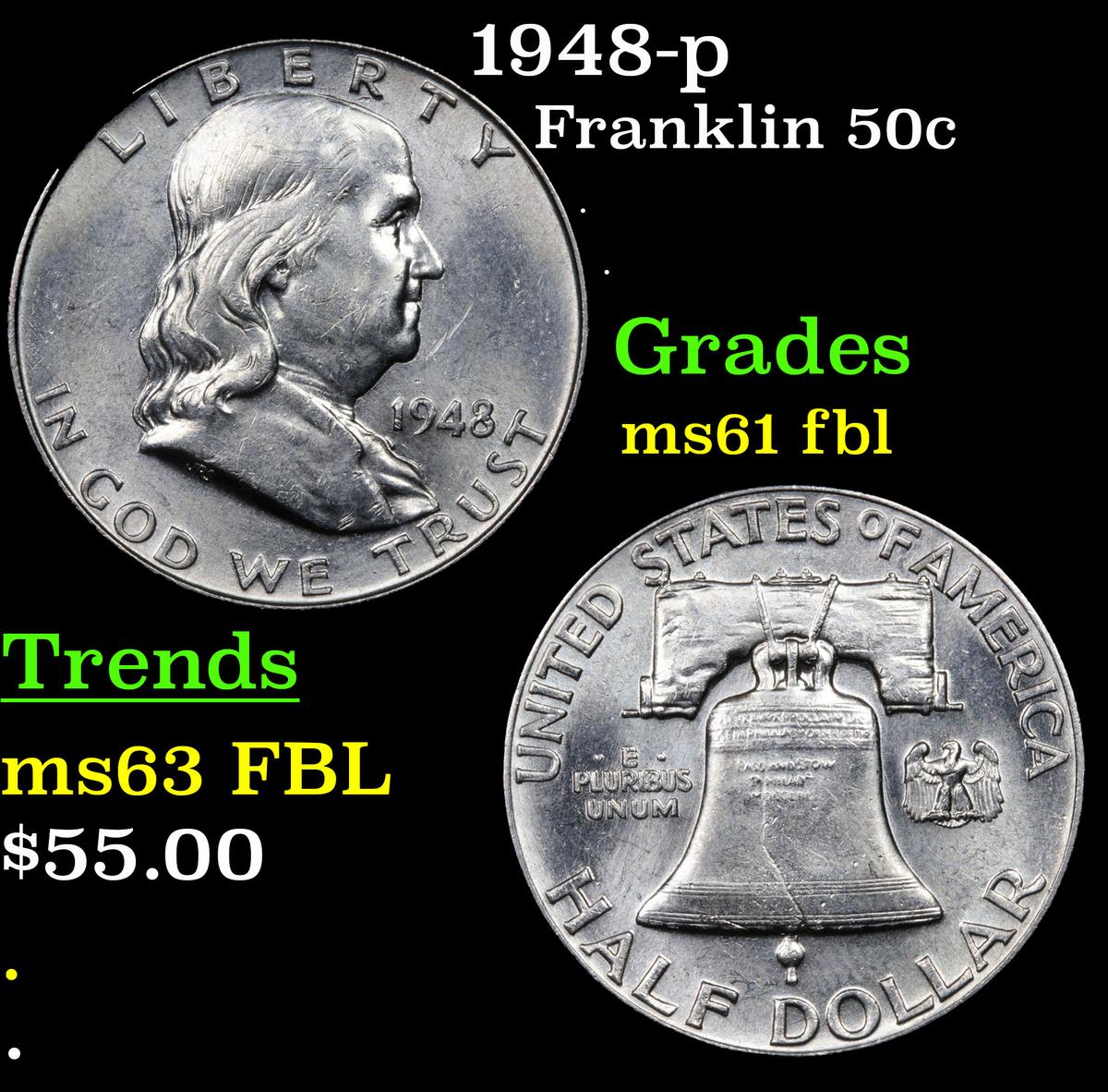 1948-p Franklin Half Dollar 50c Grades Unc+ FBL