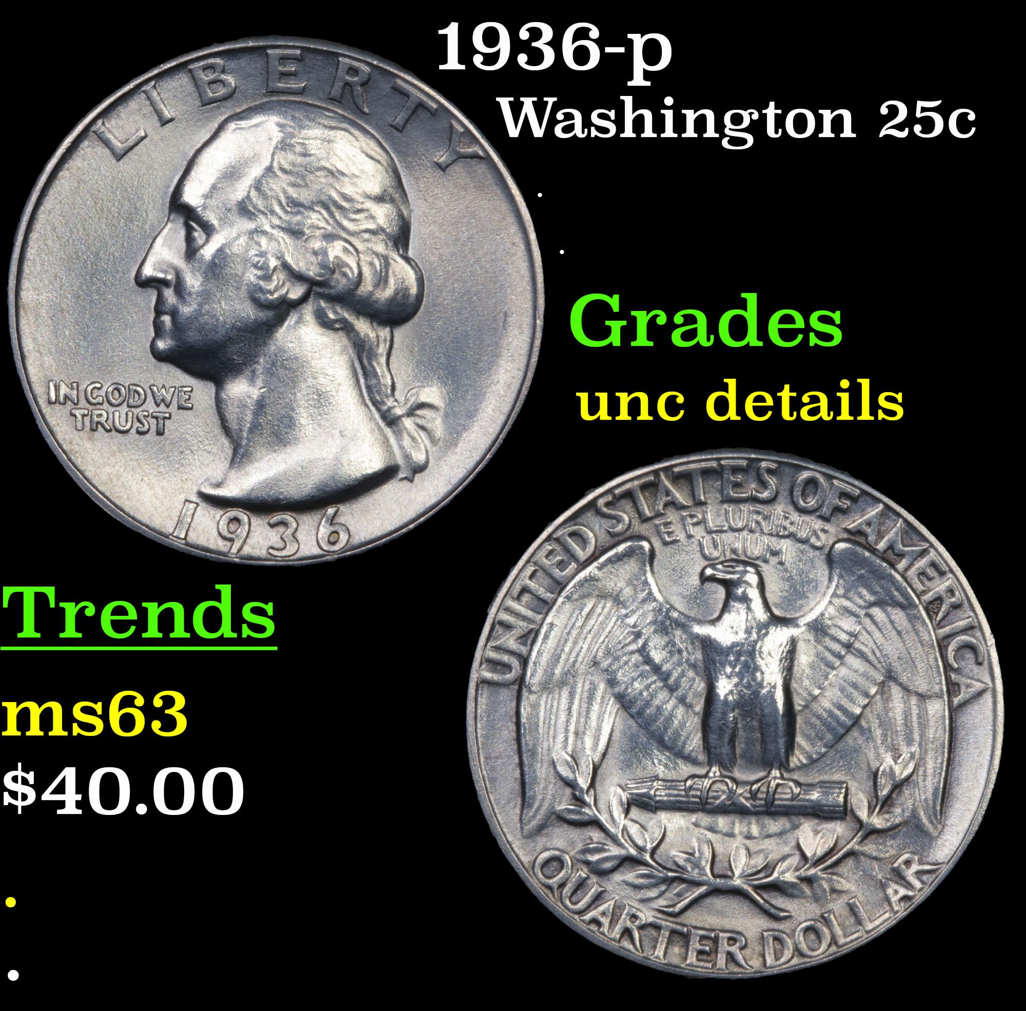 1936-p Washington Quarter 25c Grades Unc Details