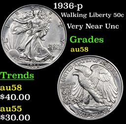 1936-p Walking Liberty Half Dollar 50c Grades Choice AU/BU Slider