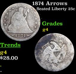 1874 Arrows Seated Liberty Quarter 25c Grades g, good