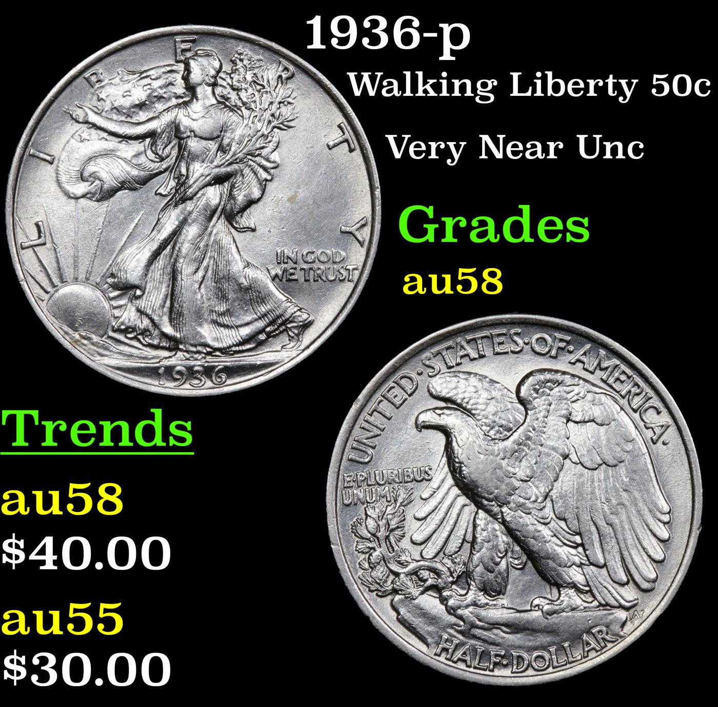 1936-p Walking Liberty Half Dollar 50c Grades Choice AU/BU Slider