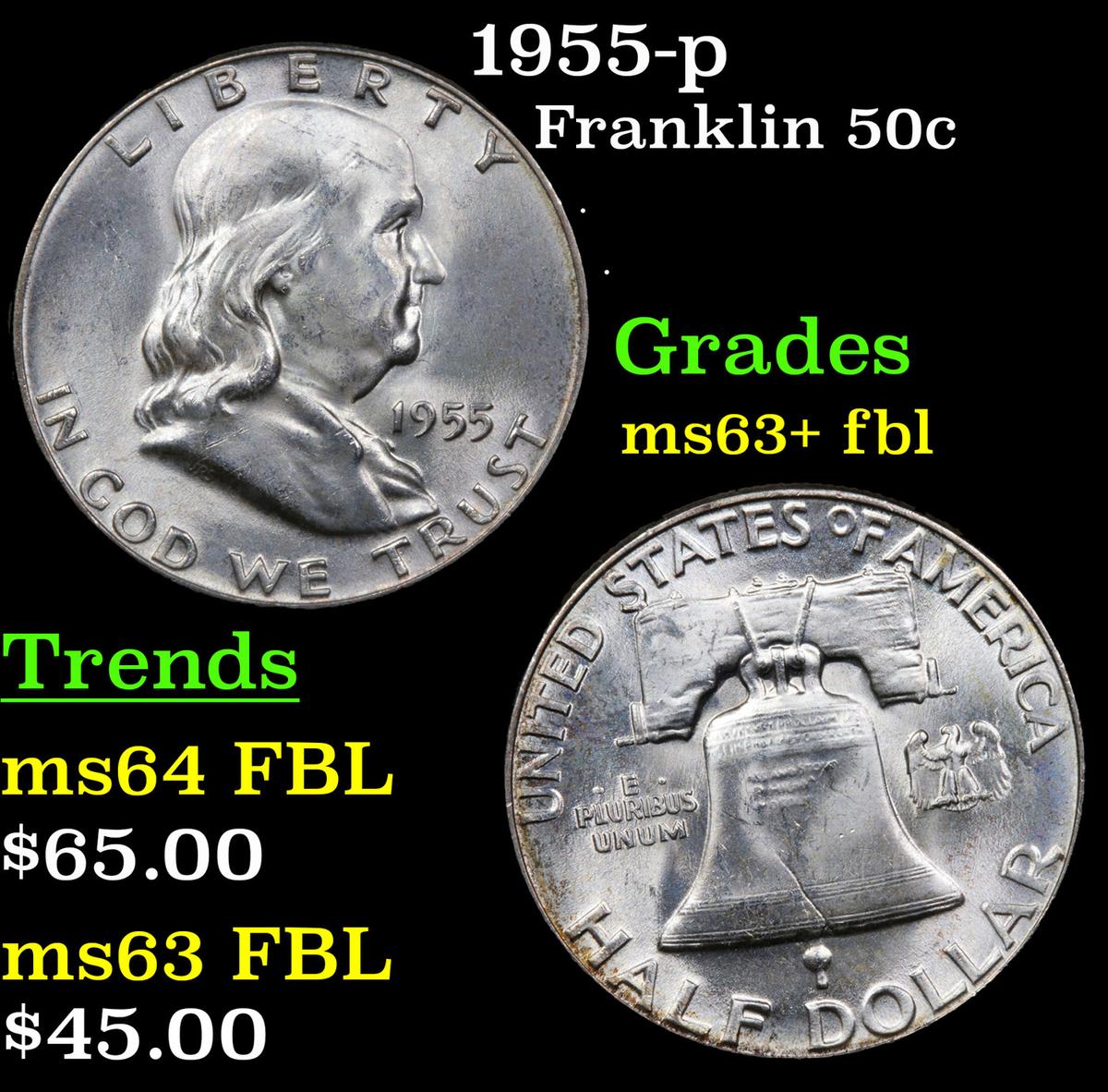 1955-p Franklin Half Dollar 50c Grades Select Unc+ FBL