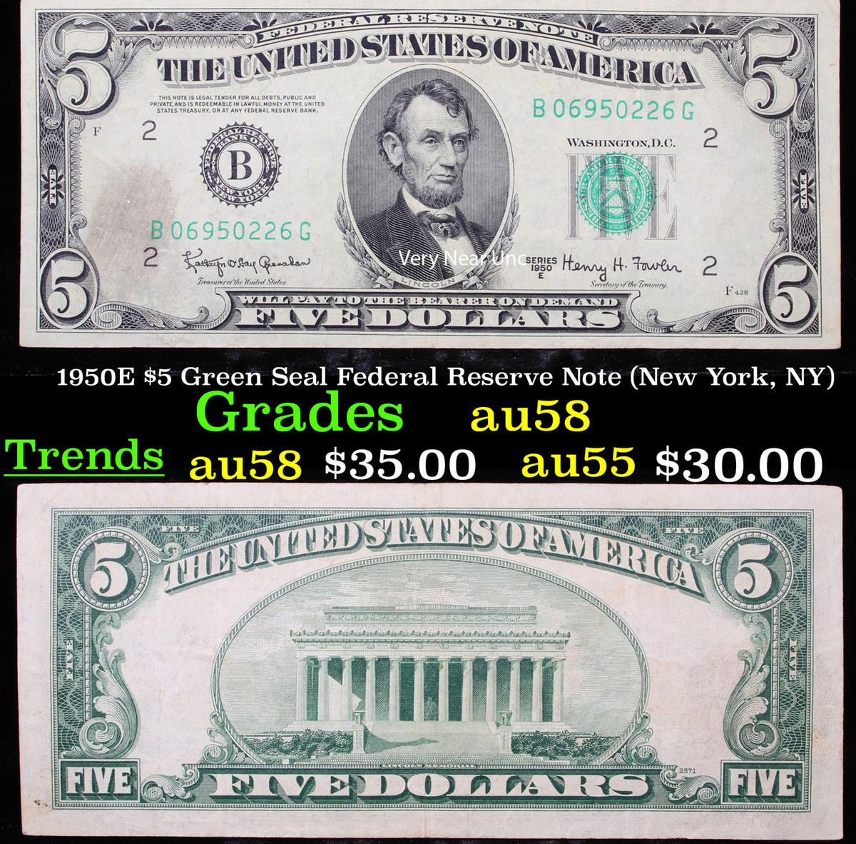 1950E $5 Green Seal Federal Reserve Note (New York, NY) Grades Choice AU/BU Slider