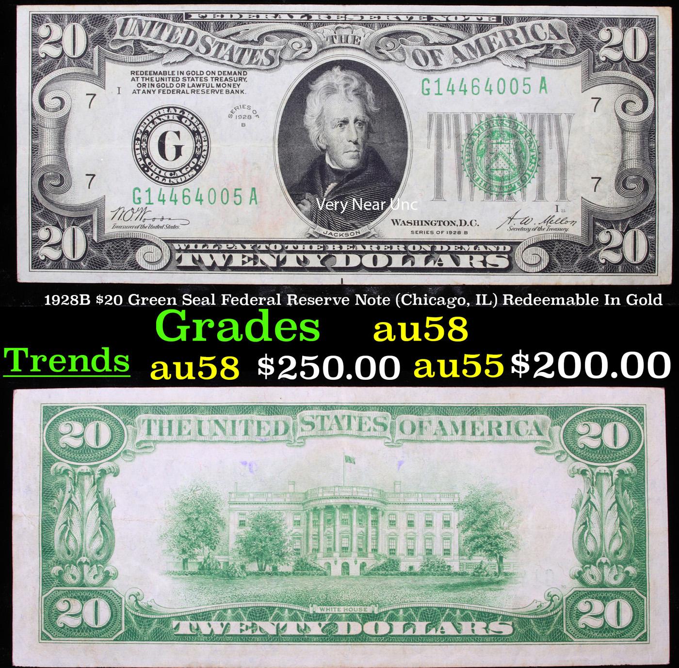 1928B $20 Green Seal Federal Reserve Note (Chicago, IL) Redeemable In Gold Grades Choice AU/BU Slide