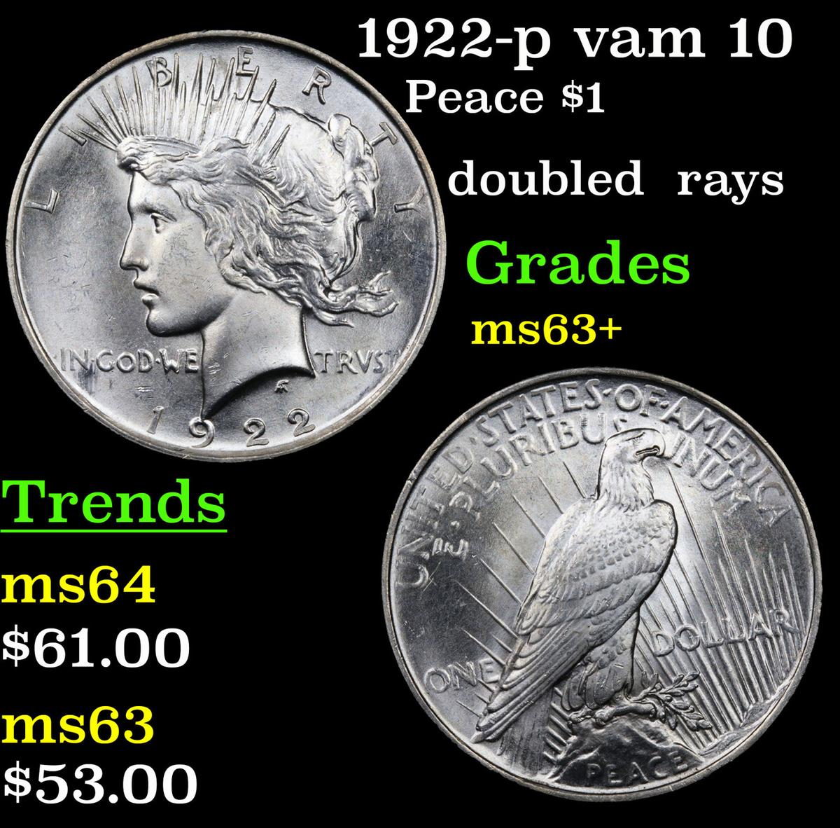 1922-p vam 10 Peace Dollar $1 Grades Select+ Unc