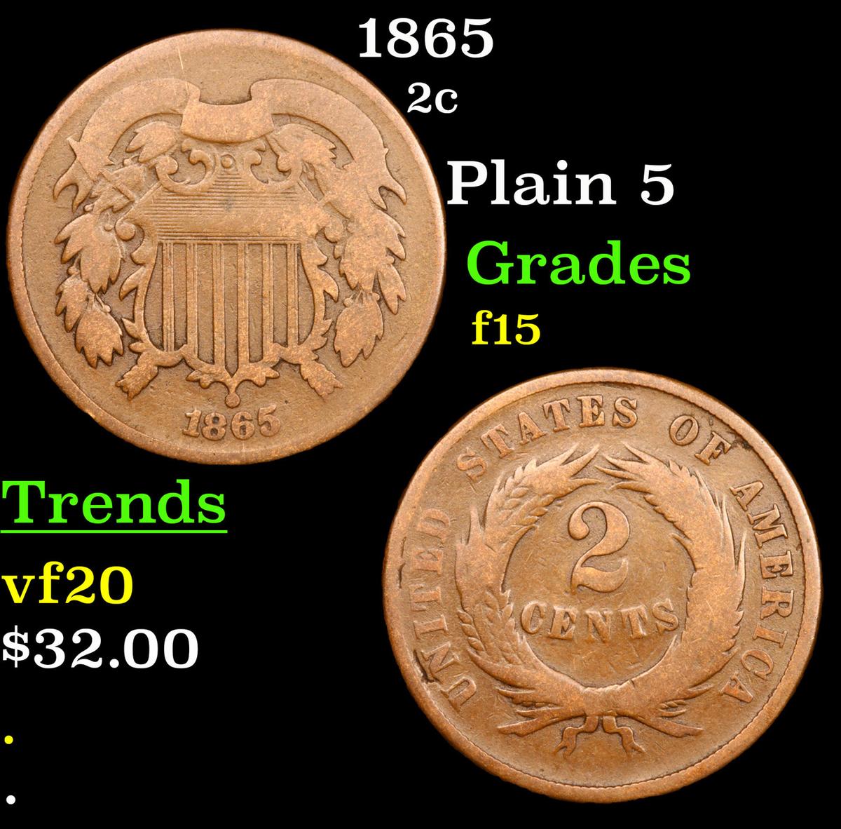 1865 Two Cent Piece 2c Grades f+